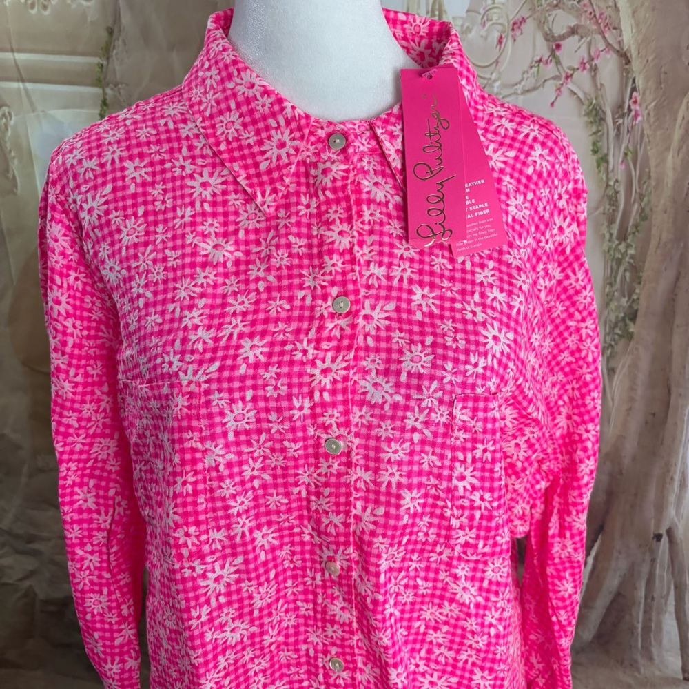 NEW Lilly Pulitzer Sea View Pink Aura linen Button Down - Picture 3 of 12